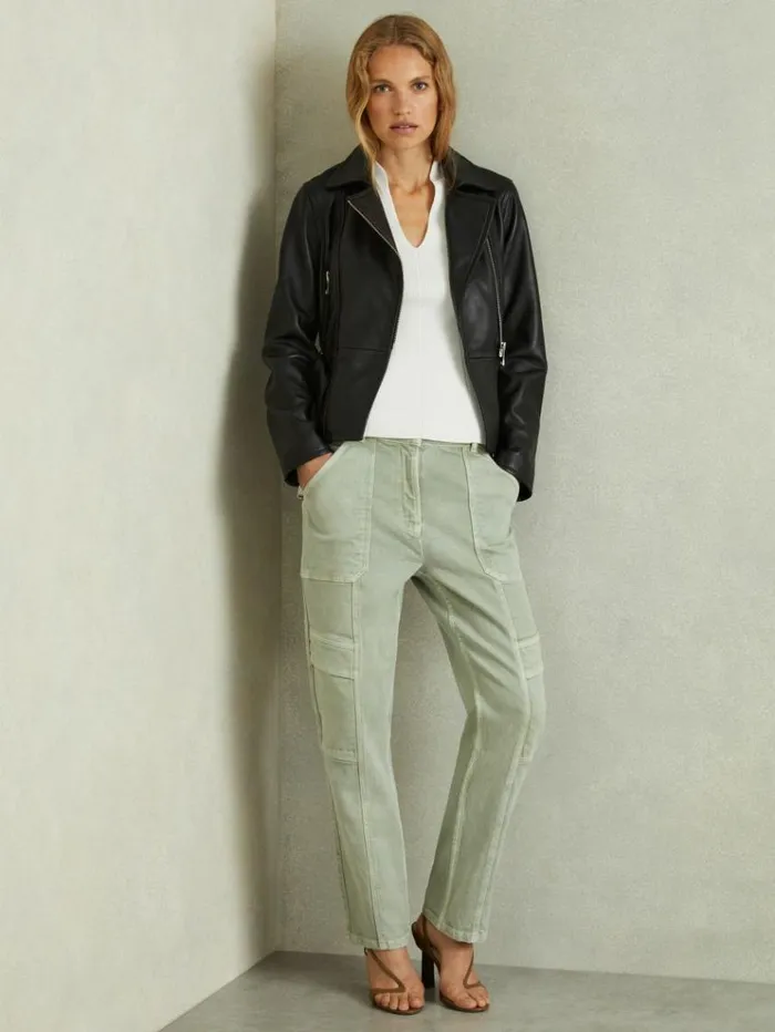 REISS Leather Jackets Women Belted Leather Jacket Black
