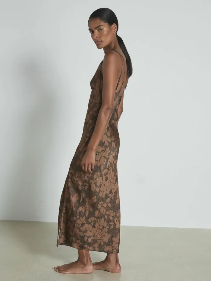 REISS Lingerie Women Satin Printed Slip Nightdress Minkblack