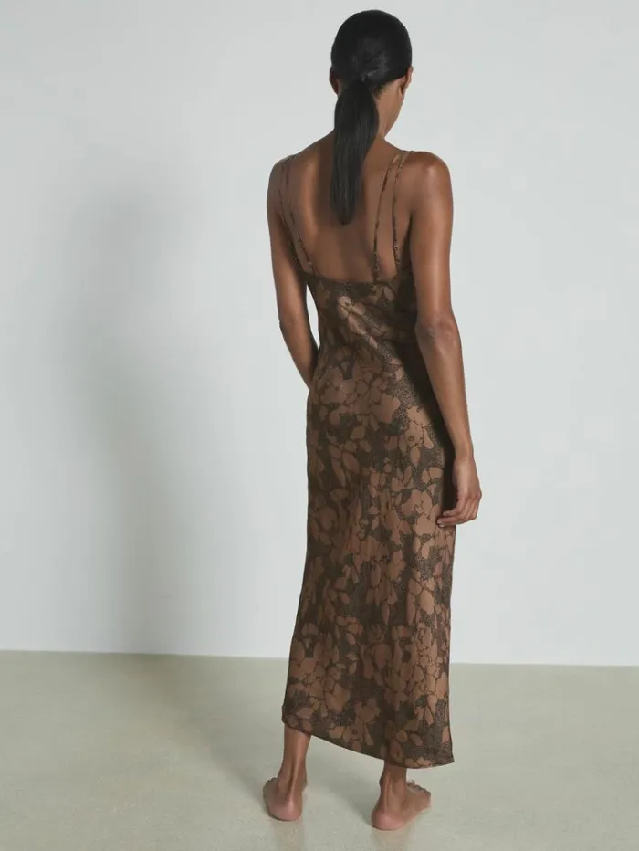 REISS Lingerie Women Satin Printed Slip Nightdress Minkblack