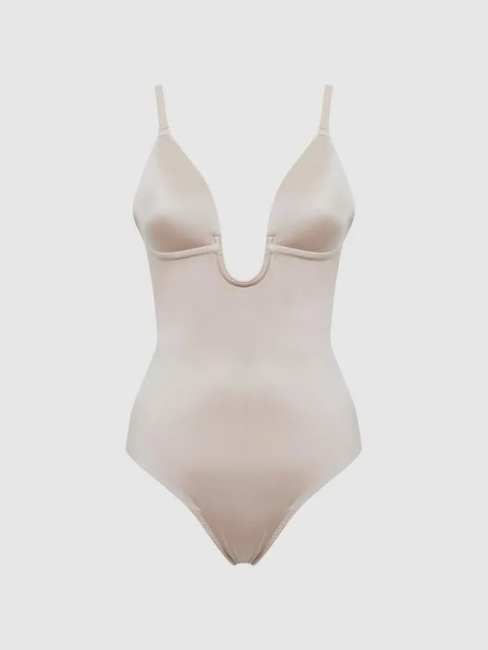 REISS Lingerie Women Spanx Plunge LowBack Plunge Neck Thong Bodysuit Champagne Beige