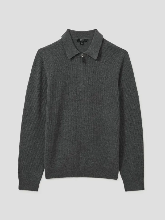 REISS Merino Sweaters Men Wool HalfZip Polo Shirt Grey Melange