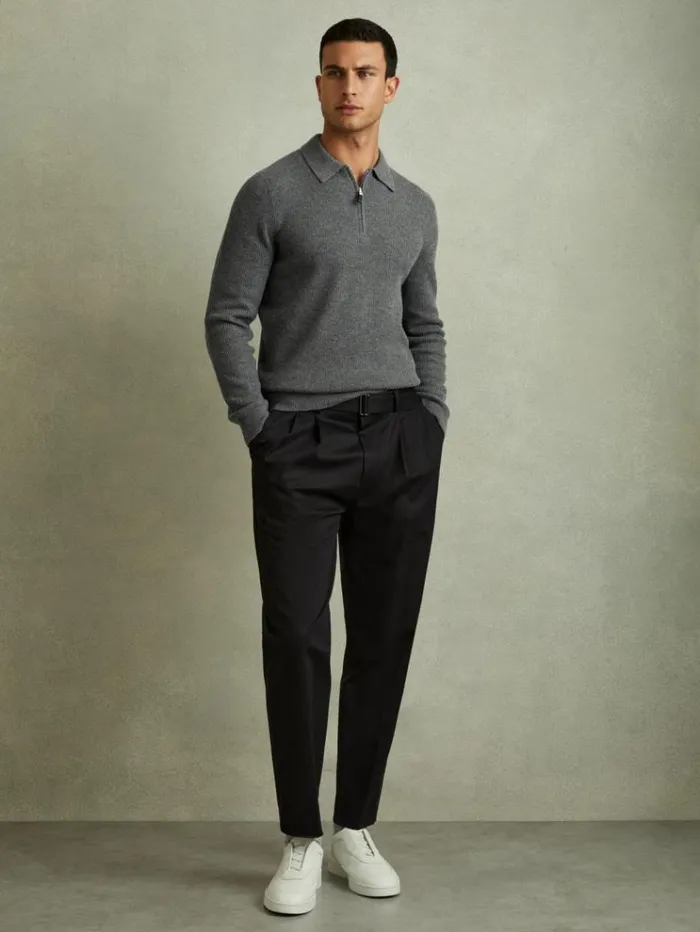 REISS Merino Sweaters Men Wool HalfZip Polo Shirt Grey Melange
