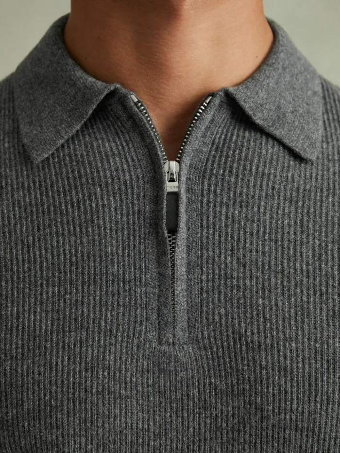 REISS Merino Sweaters Men Wool HalfZip Polo Shirt Grey Melange