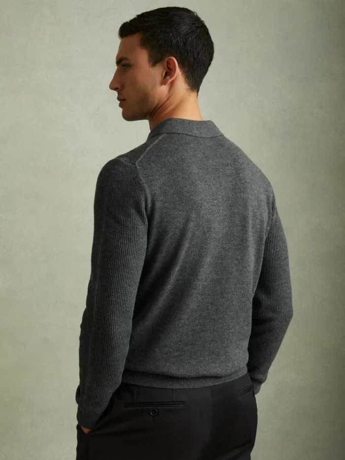 REISS Merino Sweaters Men Wool HalfZip Polo Shirt Grey Melange