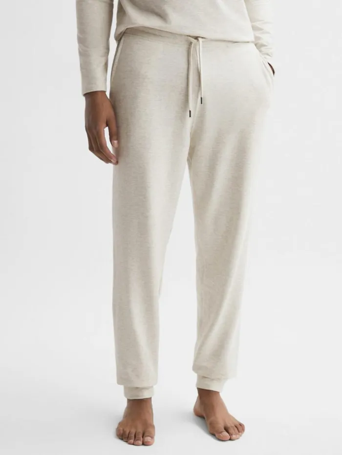 REISS Pants Men Drawstring Fleece Lined Joggers Oatmeal Melange
