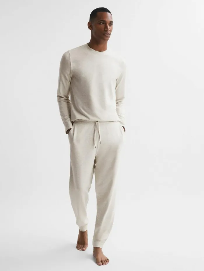 REISS Pants Men Drawstring Fleece Lined Joggers Oatmeal Melange