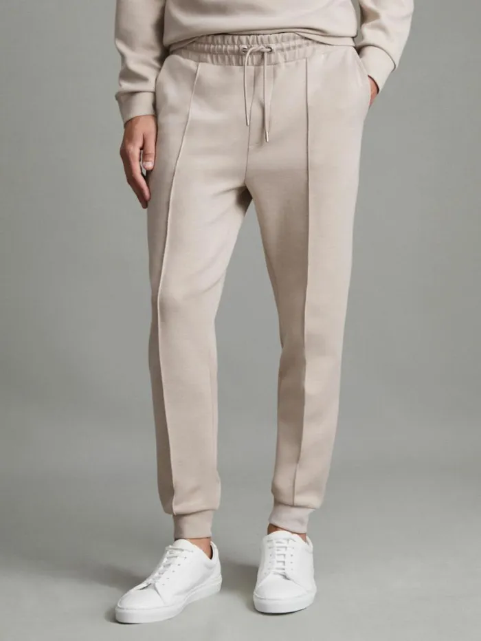 REISS Pants Men Interlock Jersey Drawstring Joggers Oatmeal