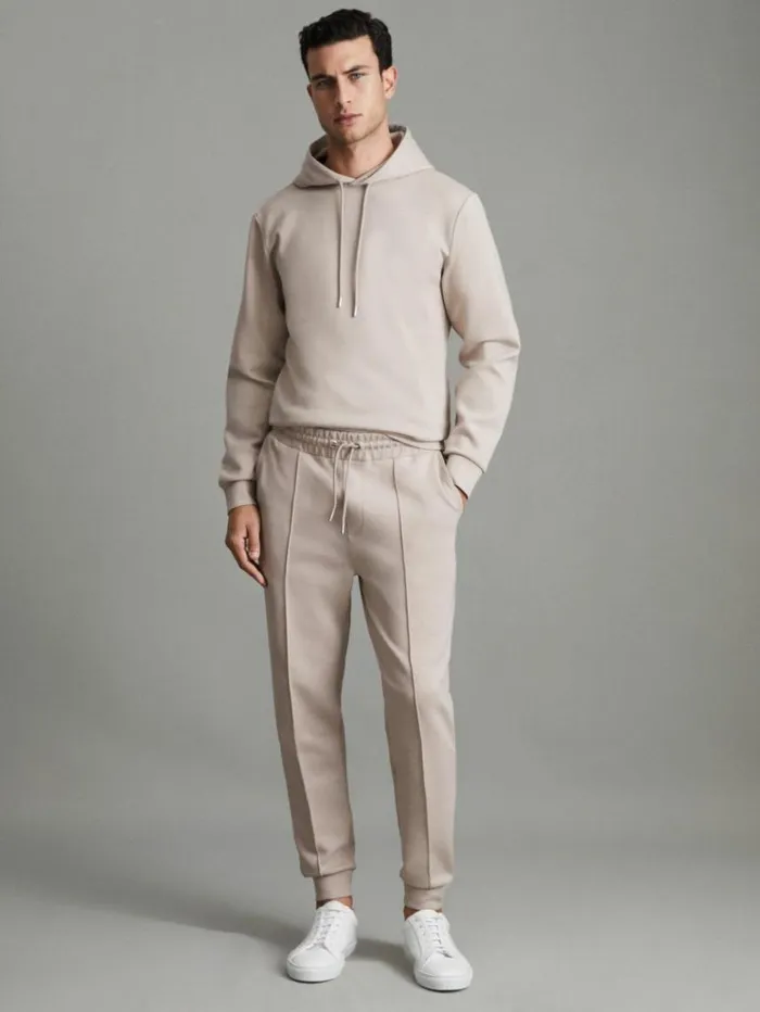 REISS Pants Men Interlock Jersey Drawstring Joggers Oatmeal