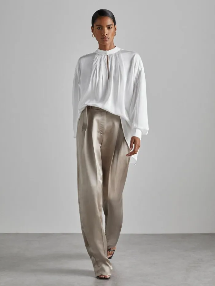 REISS Pants Women Atelier Belted Satin Trousers Champagne