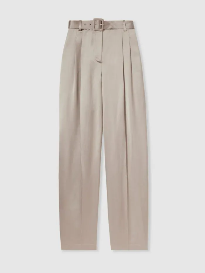 REISS Pants Women Atelier Belted Satin Trousers Champagne