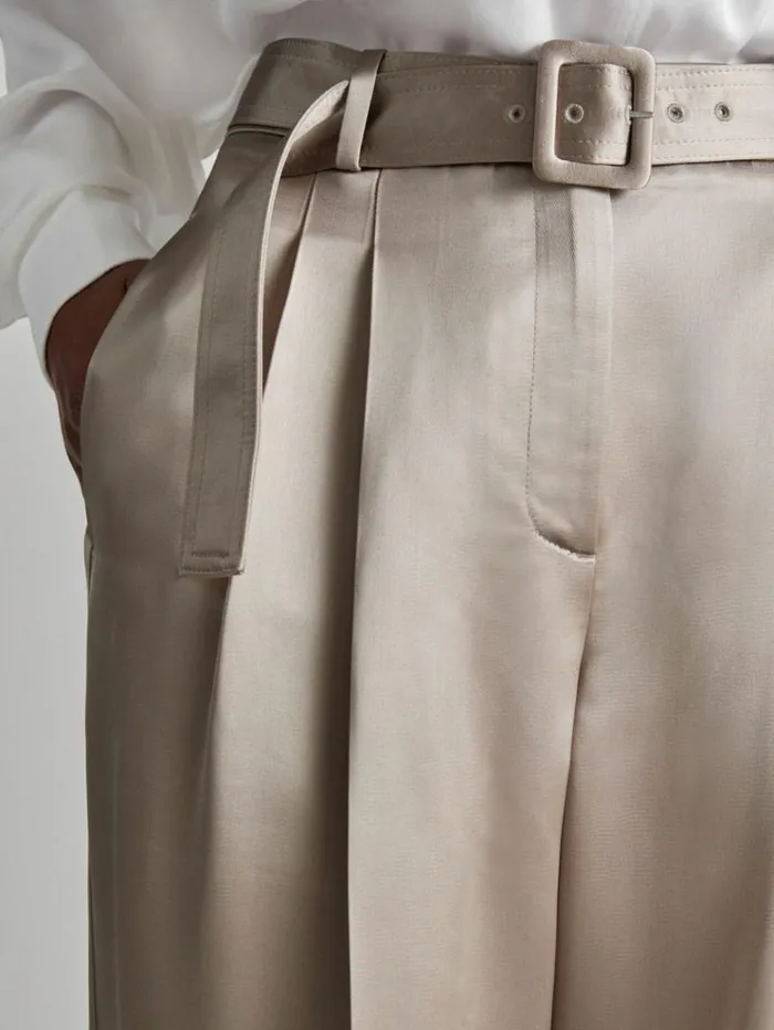 REISS Pants Women Atelier Belted Satin Trousers Champagne