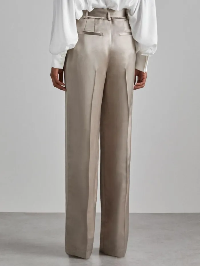 REISS Pants Women Atelier Belted Satin Trousers Champagne