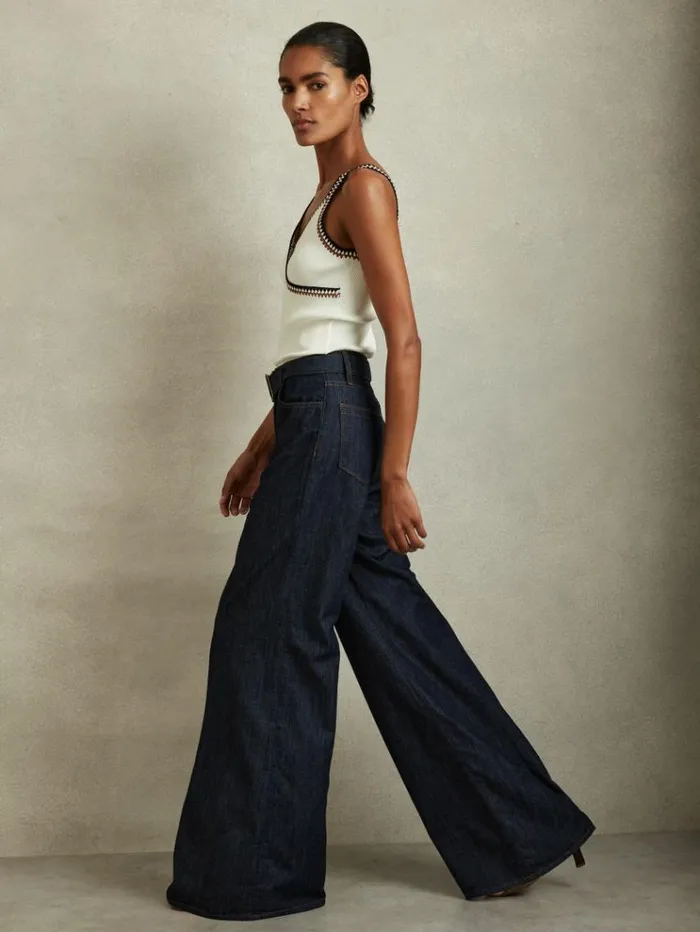 REISS Pants Women Belted Wide Leg Jeans Dark Blue