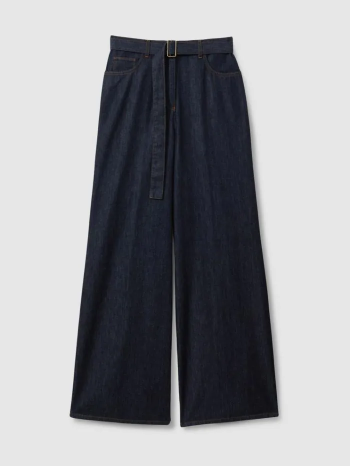REISS Pants Women Belted Wide Leg Jeans Dark Blue