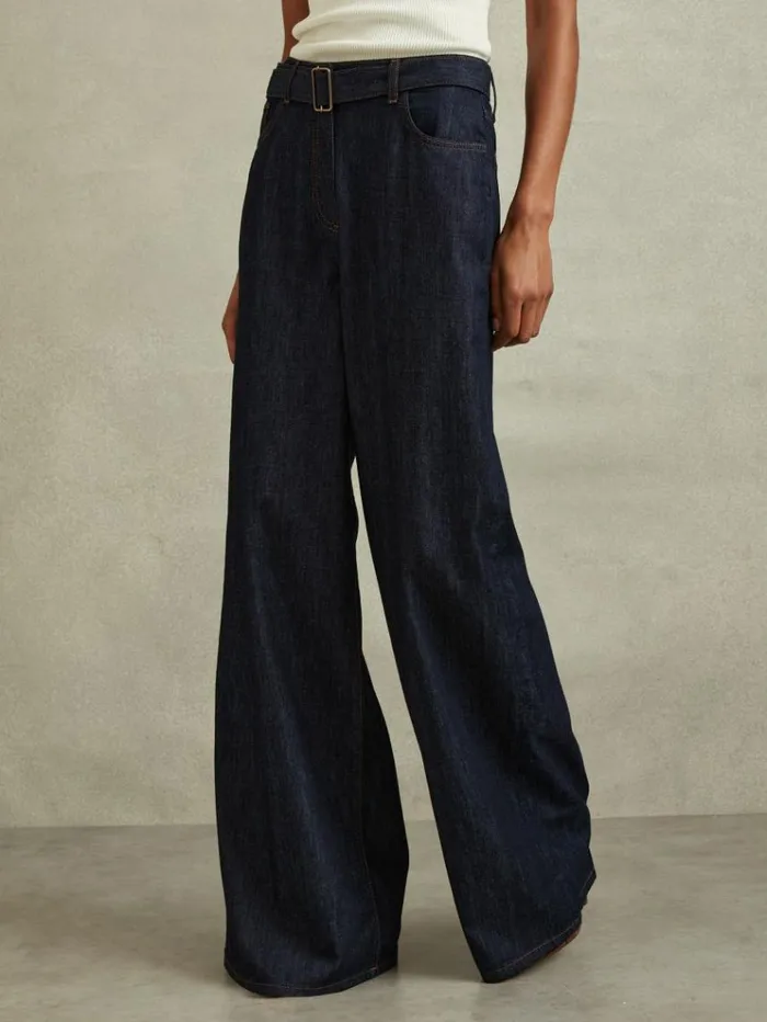 REISS Pants Women Belted Wide Leg Jeans Dark Blue