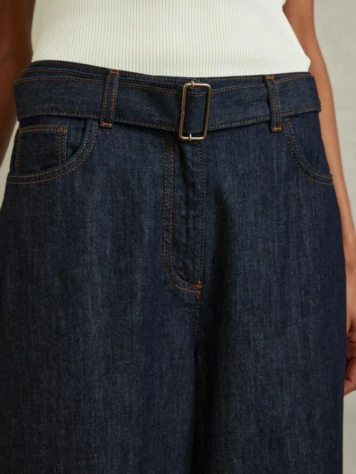 REISS Pants Women Belted Wide Leg Jeans Dark Blue