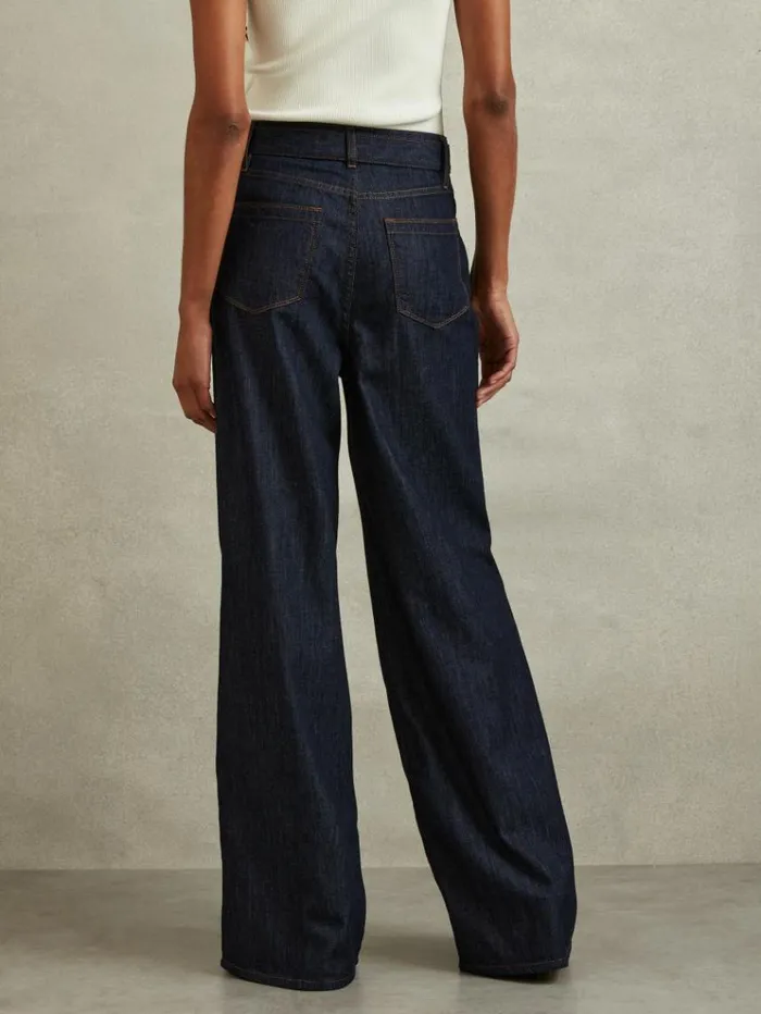 REISS Pants Women Belted Wide Leg Jeans Dark Blue