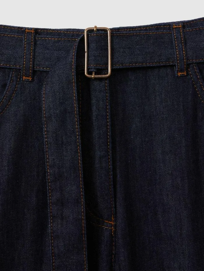 REISS Pants Women Belted Wide Leg Jeans Dark Blue