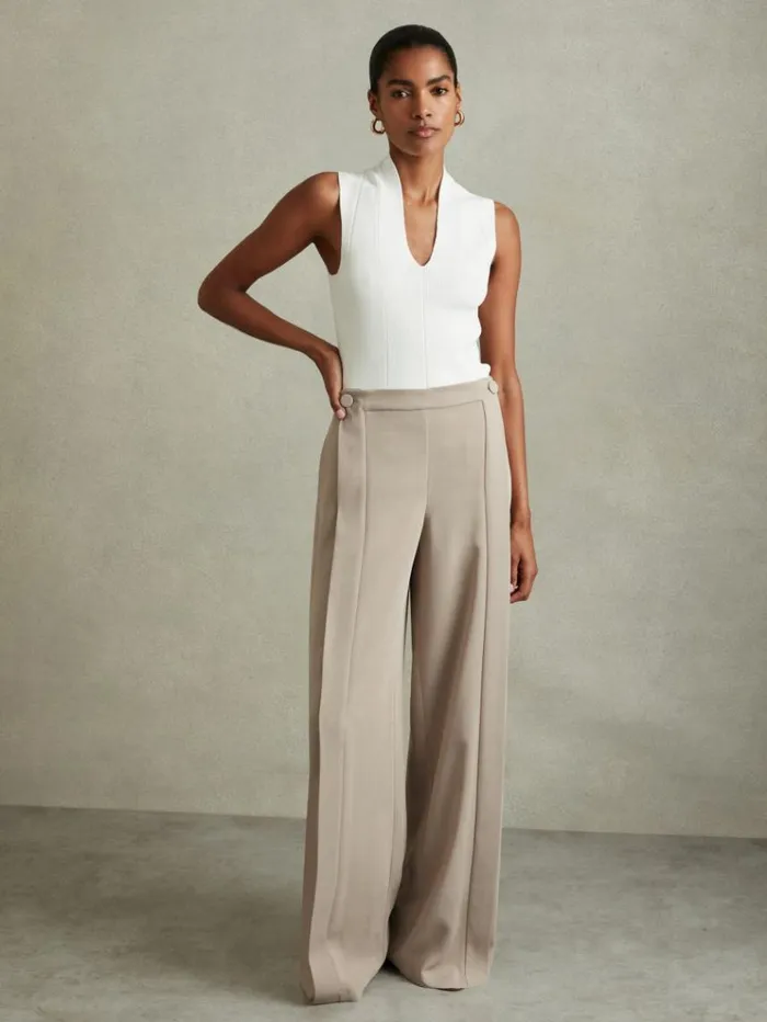 REISS Pants Women ButtonFront Wide Leg Trousers Stone