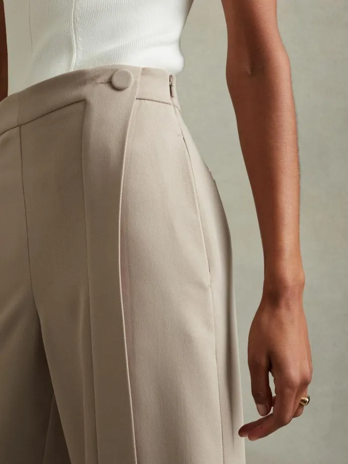 REISS Pants Women ButtonFront Wide Leg Trousers Stone