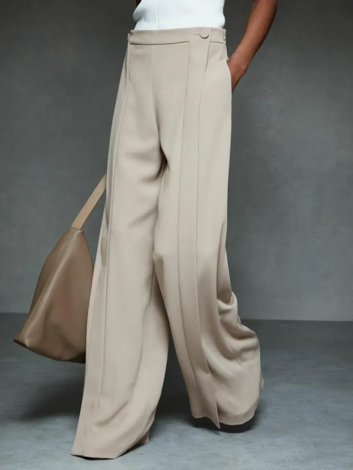 REISS Pants Women ButtonFront Wide Leg Trousers Stone