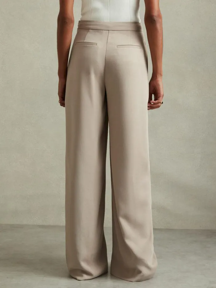 REISS Pants Women ButtonFront Wide Leg Trousers Stone