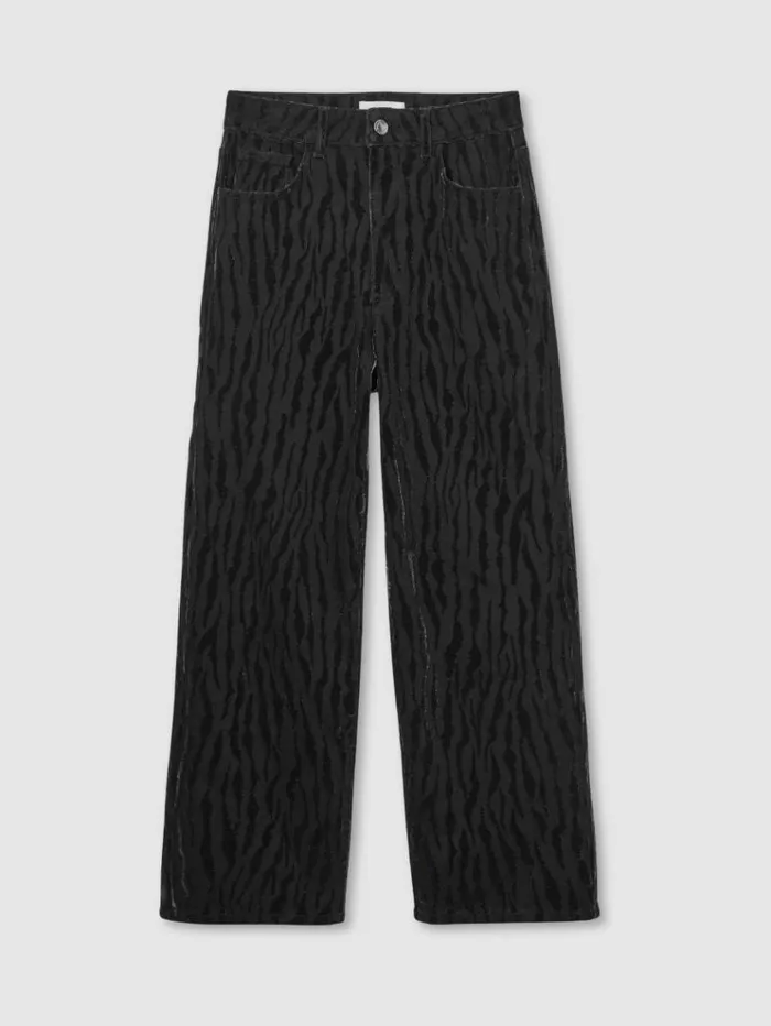 REISS Pants Women CottonBlend VelvetPrint Barrel Leg Jeans Black