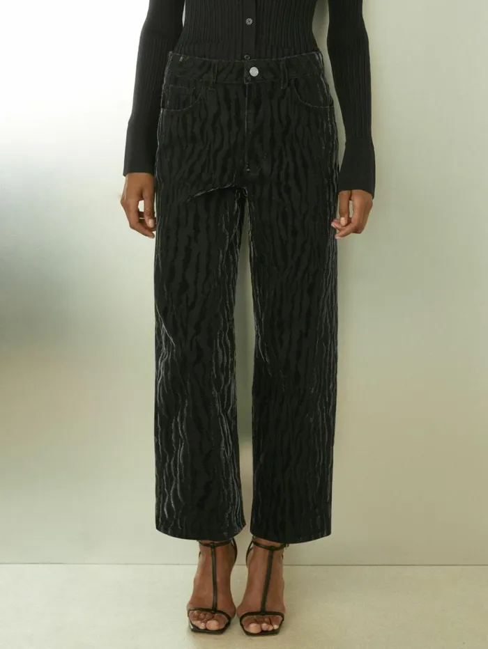 REISS Pants Women CottonBlend VelvetPrint Barrel Leg Jeans Black