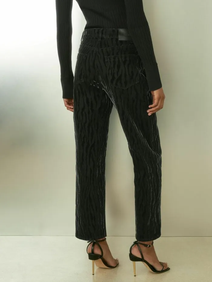 REISS Pants Women CottonBlend VelvetPrint Barrel Leg Jeans Black