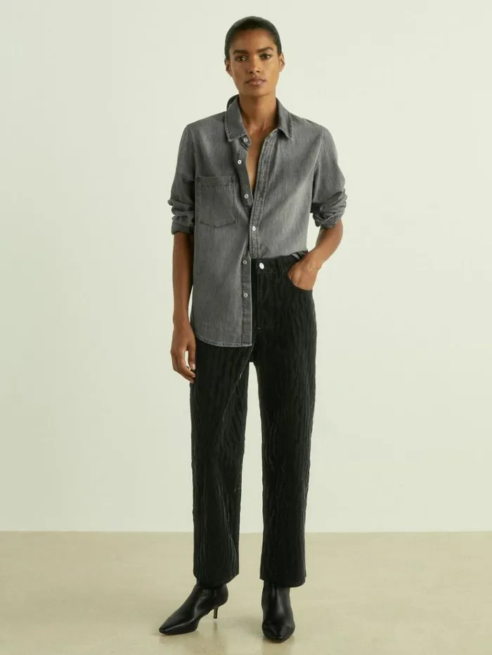 REISS Pants Women CottonBlend VelvetPrint Barrel Leg Jeans Black