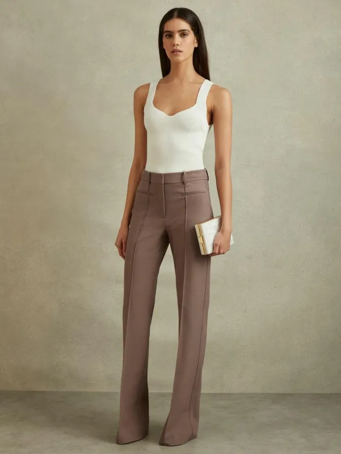 REISS Pants Women High Rise Flared Trousers Mink Neutral