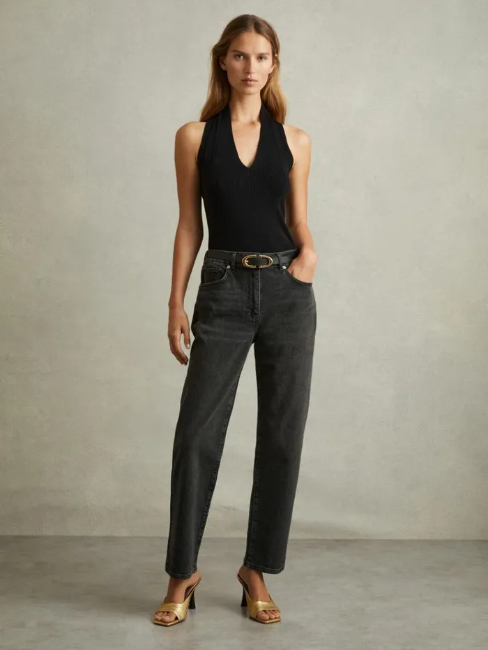 REISS Pants Women Rise Straight Leg Jeans Washed Black