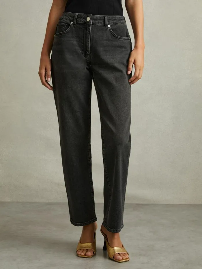 REISS Pants Women Rise Straight Leg Jeans Washed Black