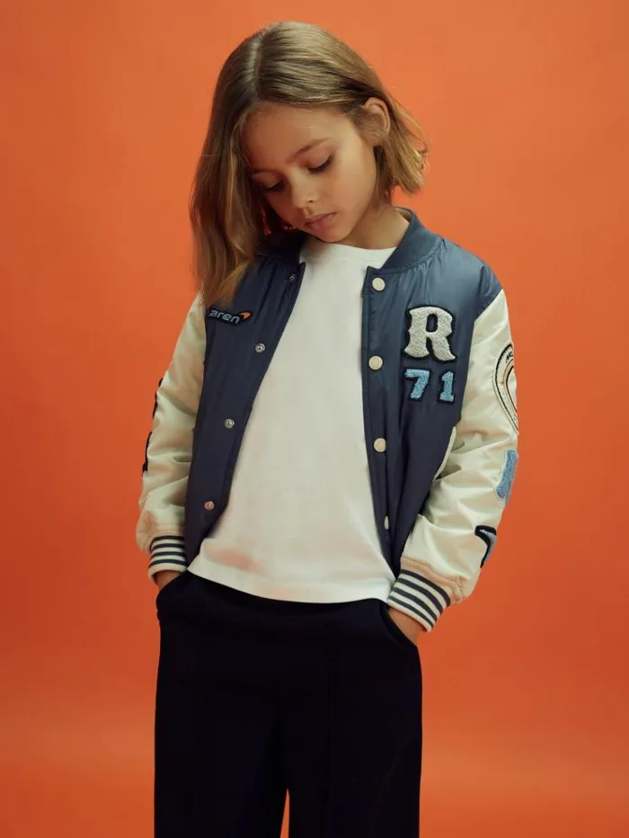 REISS Reiss X Mclaren F1 Team Children McLaren F1 Patch Varsity Bomber Jacket Airforce Blueecru