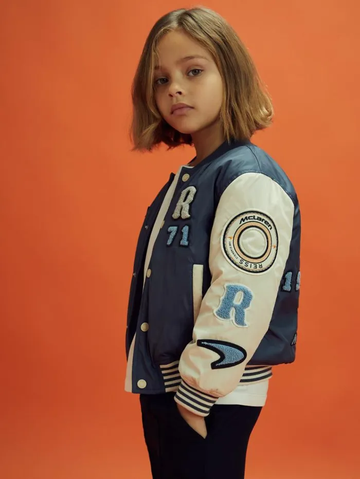 REISS Reiss X Mclaren F1 Team Children McLaren F1 Patch Varsity Bomber Jacket Airforce Blueecru