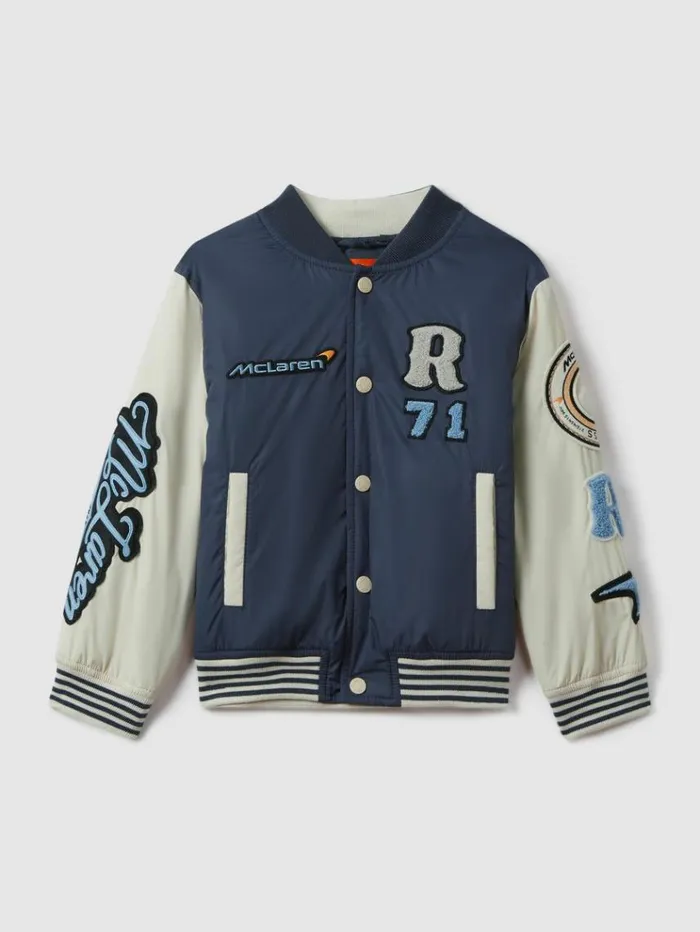 REISS Reiss X Mclaren F1 Team Children McLaren F1 Patch Varsity Bomber Jacket Airforce Blueecru