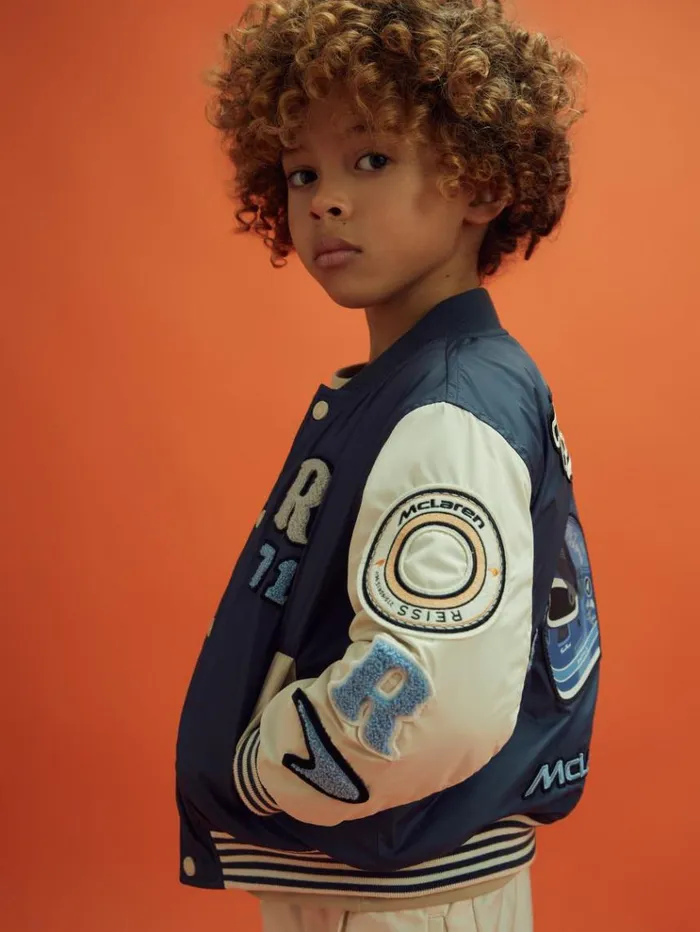 REISS Reiss X Mclaren F1 Team Children McLaren F1 Patch Varsity Bomber Jacket Airforce Blueecru