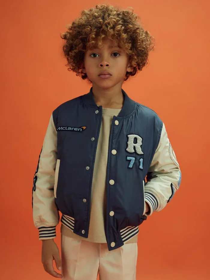 REISS Reiss X Mclaren F1 Team Children McLaren F1 Patch Varsity Bomber Jacket Airforce Blueecru