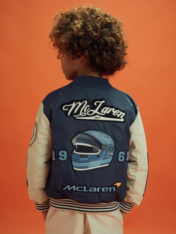 REISS Reiss X Mclaren F1 Team Children McLaren F1 Patch Varsity Bomber Jacket Airforce Blueecru