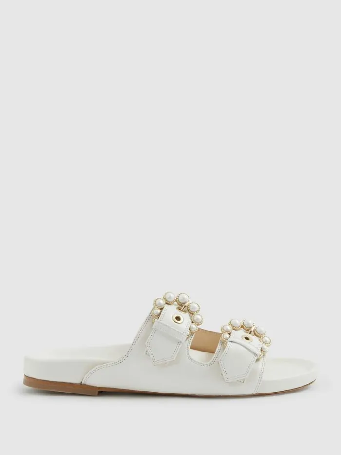 REISS Sandals Women Leather Buckle Sliders Ivory White