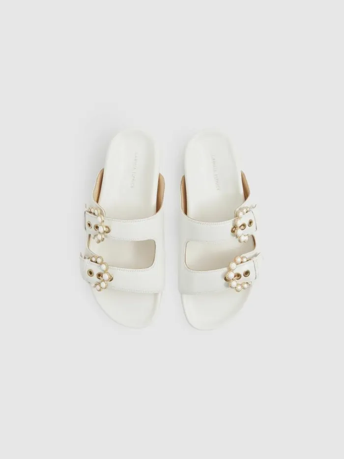 REISS Sandals Women Leather Buckle Sliders Ivory White