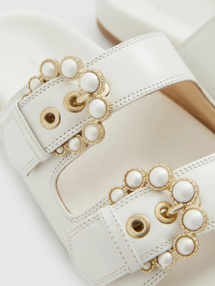 REISS Sandals Women Leather Buckle Sliders Ivory White