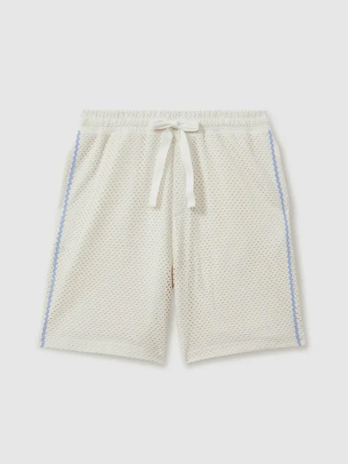 REISS Shorts Men Ch Crochet Contrast Trim Drawstring Shorts Ecru