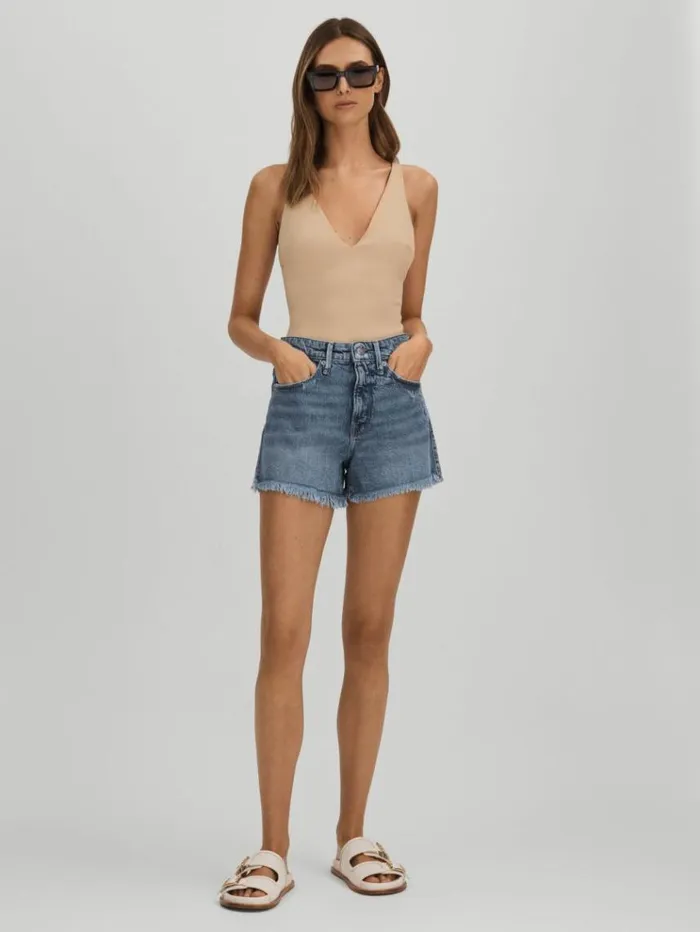 REISS Shorts Women Good American Raw Hem Denim Shorts Indigo