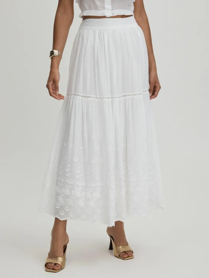 REISS Skirts Women Mille 100 Cotton Smocked Midi Skirt White