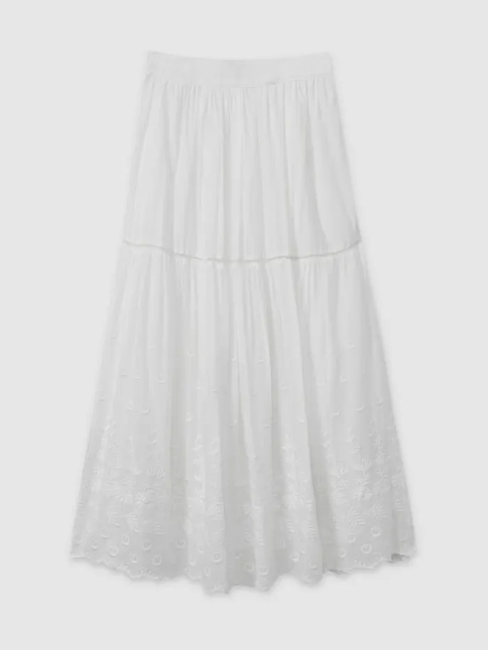 REISS Skirts Women Mille 100 Cotton Smocked Midi Skirt White