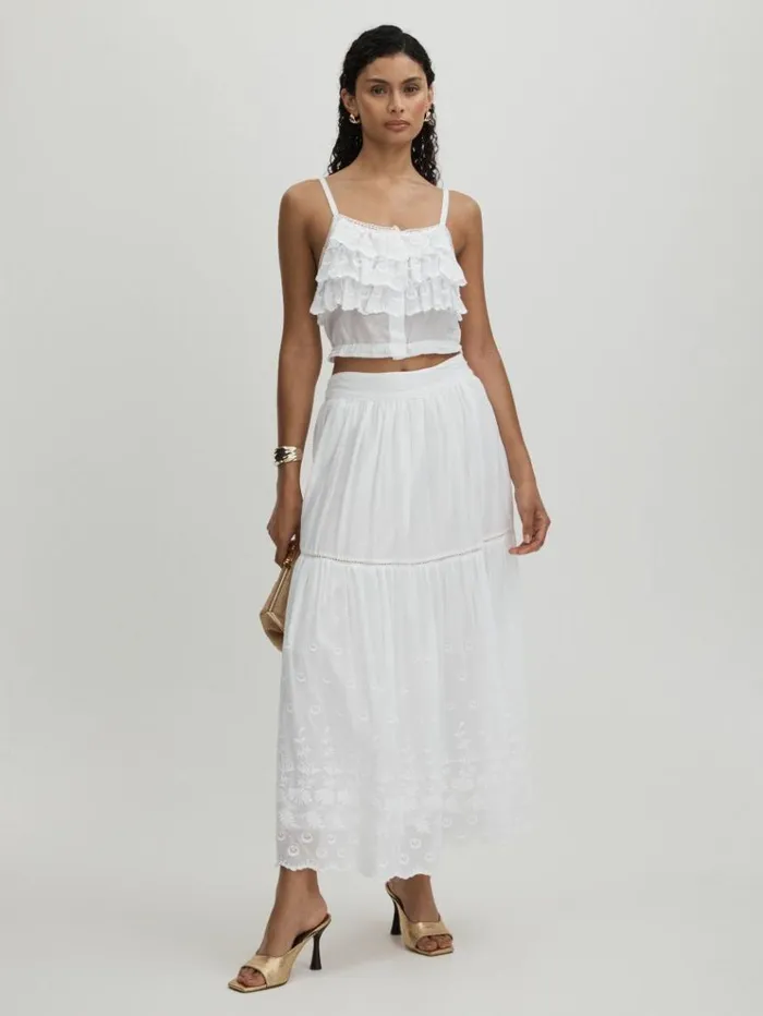 REISS Skirts Women Mille 100 Cotton Smocked Midi Skirt White
