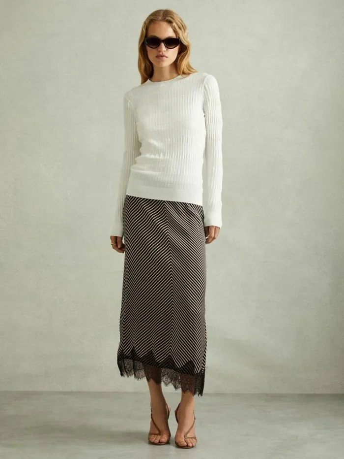 REISS Skirts Women Striped Lace Trim Midi Skirt Blackivory