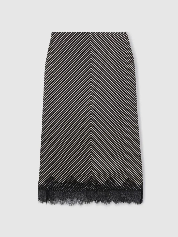 REISS Skirts Women Striped Lace Trim Midi Skirt Blackivory