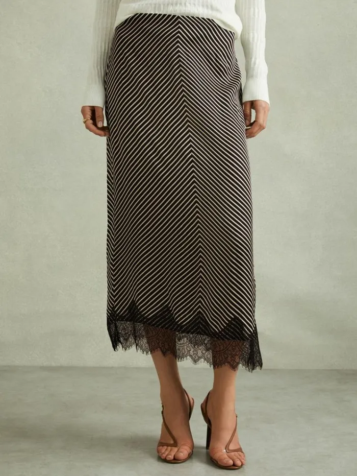 REISS Skirts Women Striped Lace Trim Midi Skirt Blackivory